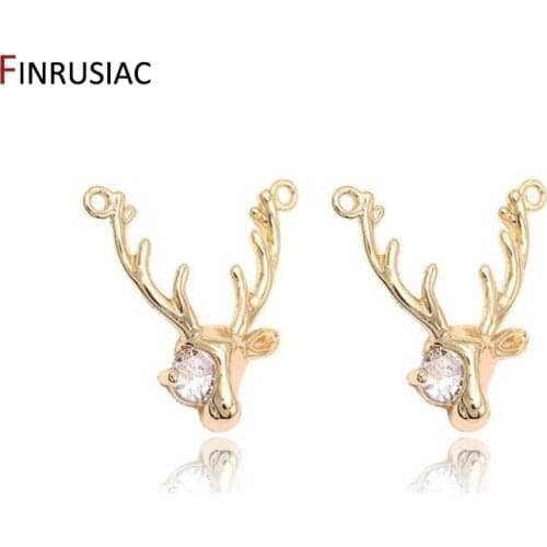 Jewellery Making Supplies 14k gold plated copper metal inlay zircon Deer Animal Pendant Two Hanging Ring Pendants Accessories