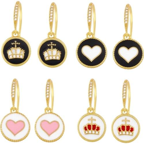FLOLA Copper Zircon Heart Crown Earrings For Women White Stone Gold Enamel Drop Earrings Girls Jewelry ersx65