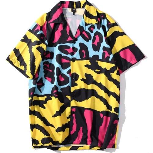 Leopard Printed Beach Tropical Shirts Turn-down Collar Street Hip Hop Shirts Short Sleeve Shirts for Men