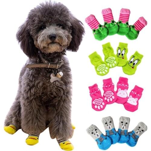 4Pcs Cats Dogs Cotton Warm Anti-Slip Cartoon Pattern Socks Shoes Pet Supplies