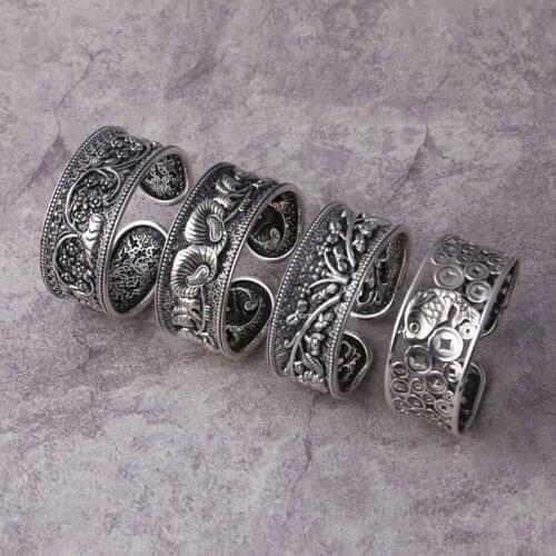 Wholesale S999 Sterling Silver Jewelry Vintage Thai Silver Chinese Style Flower Rattan Bangle Annual Fish Lady Open Ended Bangle