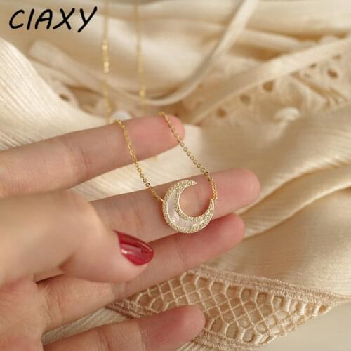 CIAXY 925 Sterling Silver Micro-inlaid Moon Shell Necklaces for Women Temperament White Mother Clavicle Chain Fashion Jewelry
