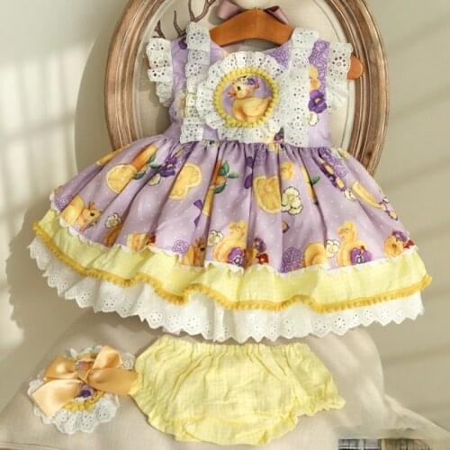 3pcs Lolita Dress Girls Yellow Dress Short Sleeve Princess Dress Summer Spanish Childrens Dress Girls Party Eid Dress Aramex