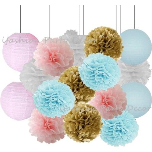 Gender Reveal Party Decorations Baby Blue Pink Tissue Paper Pom Poms Tassel Garland Paper Lanterns for Birthday Baby Shower