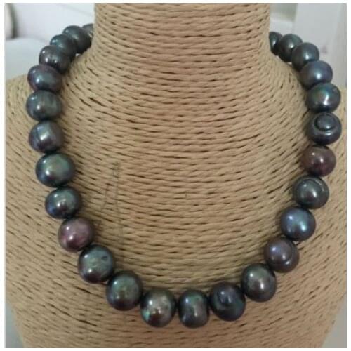 Stunning 12-13mm tahitian baroque black green pearl necklace 18inch