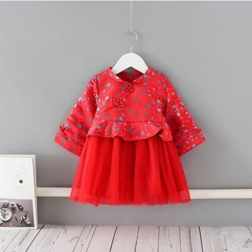Girls Christmas Dress Autumn Chinese Style Toddler Dress Floral Kids Dresses for Girls Lace Children Clothing Ball Gown 0-5Y