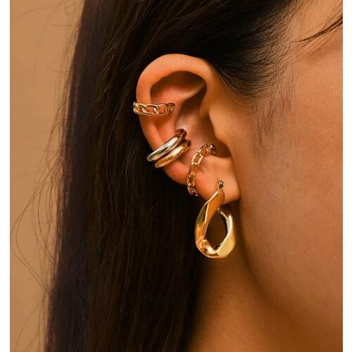 Punk Rock Gold Color Clip Earrings No Piercing Trendy Link Chain Earcuffs Statement Cartilage Earrings for Women Party Jewelry