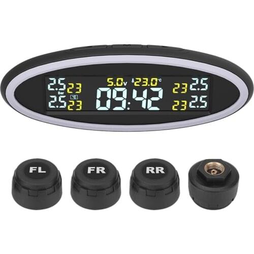 12V USB Tire Pressure Monitoring System Car TPMS LCD Display Pressure Alarm with Atmosphere Alert Lamp External Sensor