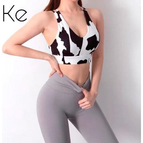 KE Cow pattern sports bra womens summer thin shoulder straps back gathered yoga vest running fitness shockproof underwear