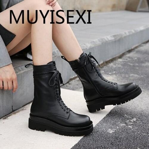 Natural genuine leather keep warm round toe maiden fairy girl winter 5.5cm high heels lace up zipper ankle boots JGG11 MUYISEXI