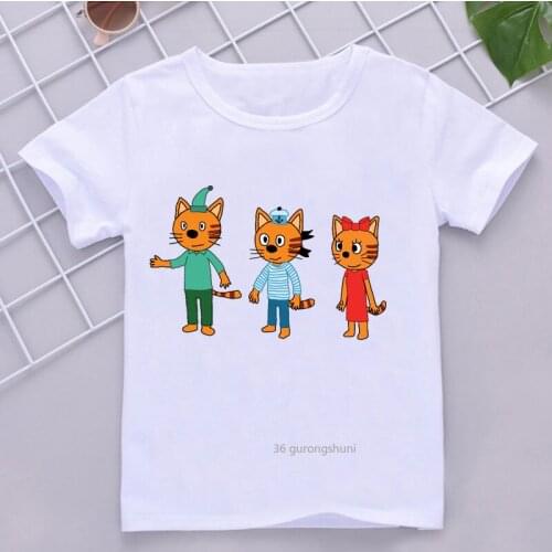 Three Kittens Cartoon Print Funny Children Clothes T-shirt Cute Boys/ Girls T Shirt Summer Tops Harajuku Tee Kids Clothes
