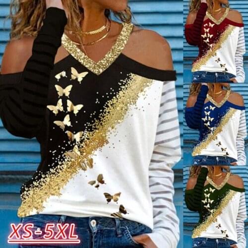 Gold Butterfly Print Sexy Off Shoulder T Shirt Women 2021 Autumn Fashion Clothing Casual Sequin Slim Tee Shirt Femme Ladies Tops