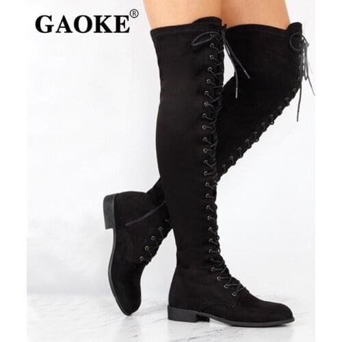 Motorcycle Boots Women Suded Lacing Shoes Spring Autumn 2019 Lace Up Over The Knee Shoes Zipper Black Rubber Boots botas mujer