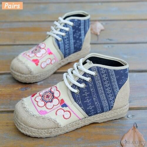 High Top Harajuku Embroidered Women Casual Linen Cotton Loafers Lace up Ladies Hemp Sole Canvas Flat Shoes Zapato Mujer