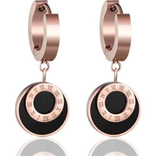 New Arrival Black Circle Inlaid Roman Numerals Circle Drop Earrings Stainless Steel Brand Rose Gold Color Earrings For Women
