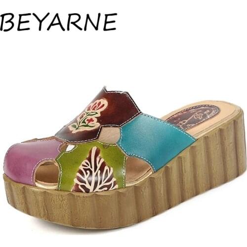 BEYARNE Wedge Slides Shoes Women Cover Toes Buckle Flower Cut Out Summer Female Genuine Leather Platform Slippers