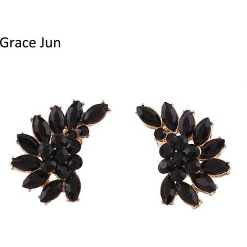 Grace Jun New Vintage Black Crystal Wing Shape Clip on Earrings No Pierced for Women Party Wedding Ear Clip Christmas Gift