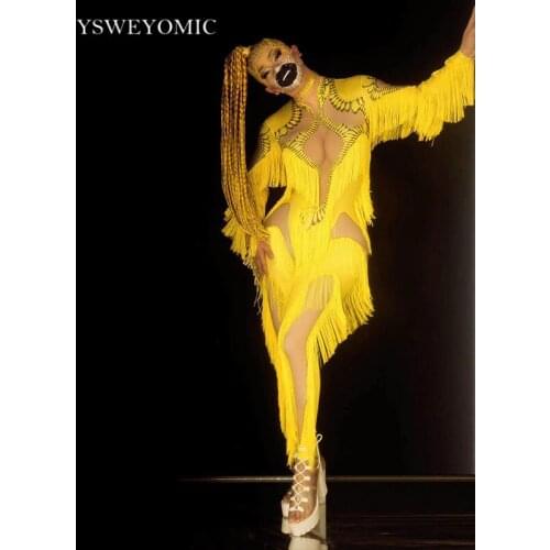 2021 Yellow Tassel Jumpsuit Women Long Sleeve Spandex Skinny Fringe Leotard Sexy Stage Wear DJ Singer Dancer Party Show Costume