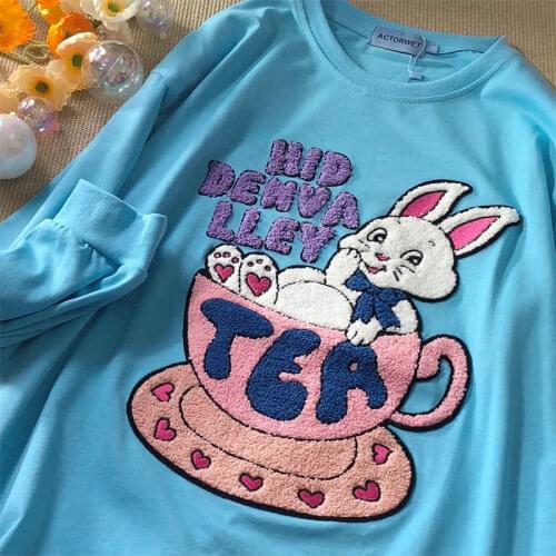 Chic Embroidery Rabbit Tea Cartoon Sweatshirt Women Fashion Tops Kawaii Teens Clothes 2021 Autumn Harajuku Plus Size Pullovers