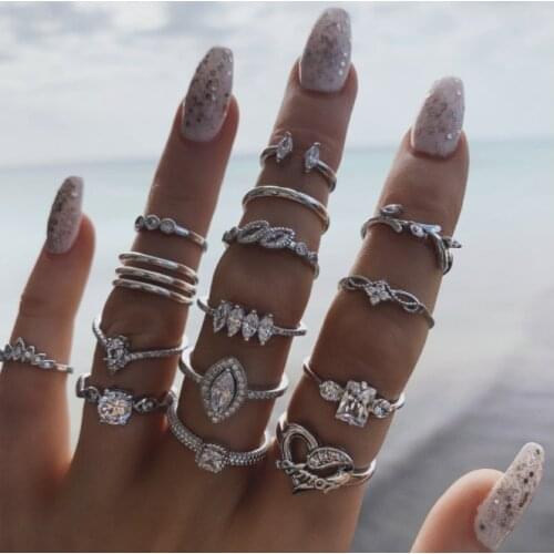 15 Pcs/set Bohemian Retro Crystal Flower Leaves Hollow Lotus Gem Silver Ring Set Women Wedding Anniversary Gift Christmas R5760