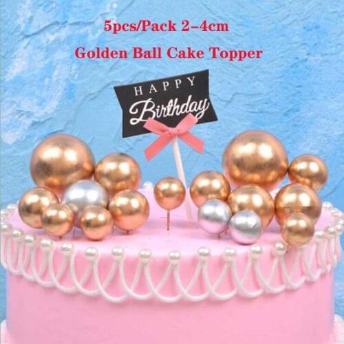 5Pcs/Pack 2-4cm Golden Ball Cake Topper Happy Birthday Party DIY Cupcake Insert Card Flag Wedding Christmas Ball Decor Supplies