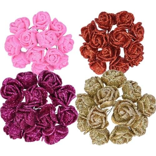 72/144pcs Mini 2cm Glitter Artificial Rose Flower Fake Flower DIY Wreath Gift Box Scrapbook Craft Home Wedding Party Decoration