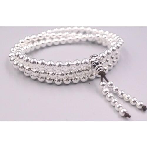 Pure 925 Sterling Silver Bangle 6mm Glossy Beads Link Three Rows Chain Bracelet Men Women Best Gift 36-37g / 62cm