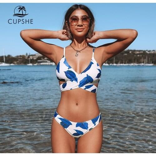 CUPSHE Blue Leaves Print Lace Up Low-waist Bikini Sets Sexy Padded Swimsuit Two Pieces Swimwear Women 2021 Beach Bathing Suit