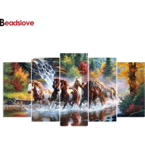 DIY Full Square round Diamond Painting Horse Multi-picture Combination Animals Embroidery waterfall landscape Mosaic Home Decor