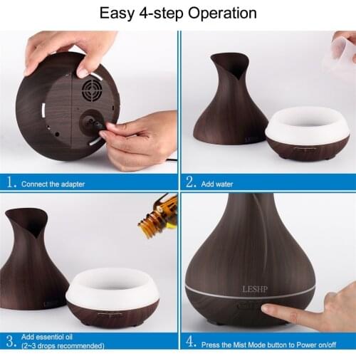 LESHP Vase Air Purifier Electric Oil Burner Aroma Diffuser Ultra-quiet Auto-off Humidifier Aromatherapy Dark wood grain
