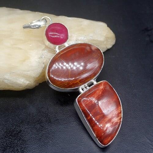Gemstonefactory Jewelry Big Promotion 925 Silver Natural Red Wood Jasper Cherry Ruby Women Ladies Gifts Necklace Pendant 1096