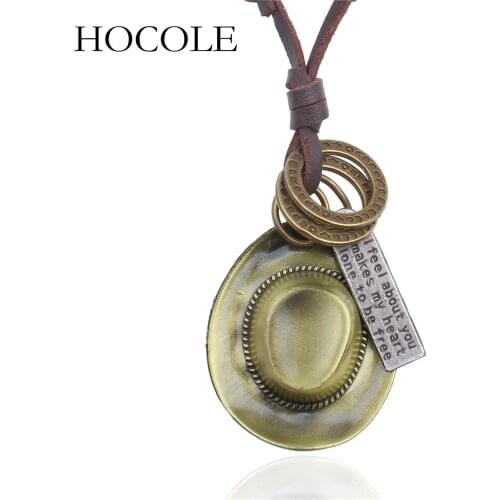 HOCOLE New Punk Style Cow Boy Hat Cap Tag Round Loop Antique Bronze Alloy Charms Necklace Brown Leather Chain Pendant Necklace