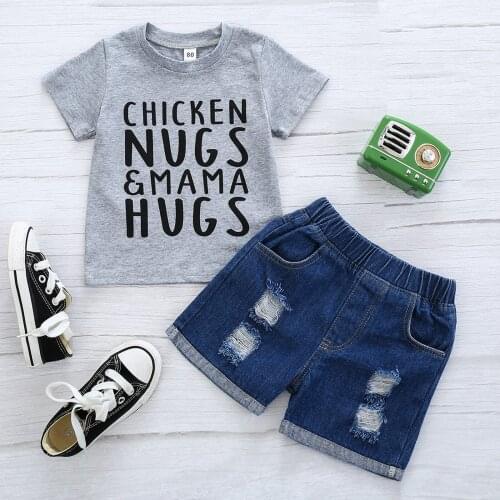 2Pcs Fashionable Little Boys Outfit Toddlers Creative Letter Printing Round Collar Short Sleeve Top + Ripped Denim Shorts Set