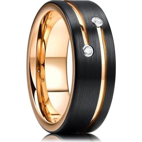 8mm Men Rings Black Stainless Steel Grooved Line Rhinestone Rings Wedding Engagement Band Anniversary Rings For Men Gift