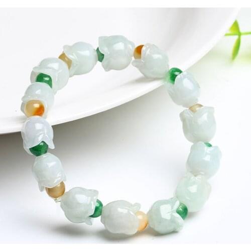 Natural Jade Beads Carved Magnolia Elastic Bracelet Bangle Charm Jewellery Fashion Accessories Hand-Carved Man Luck Amulet