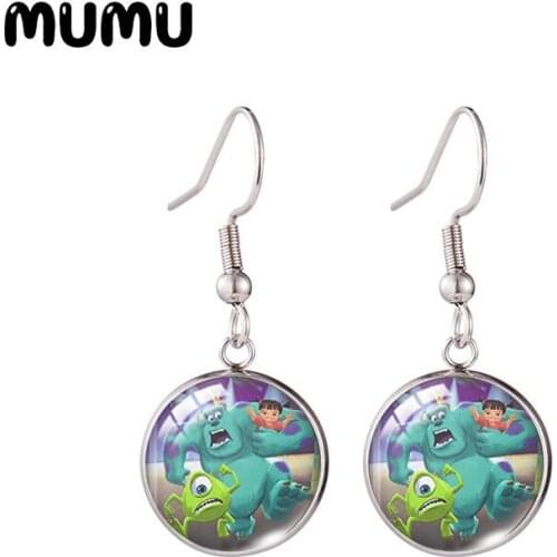 2021 New Monsters Inc Fish Hook Earring Funny Photo Round Jewelry Glass Dome Earrings Gifts Girl