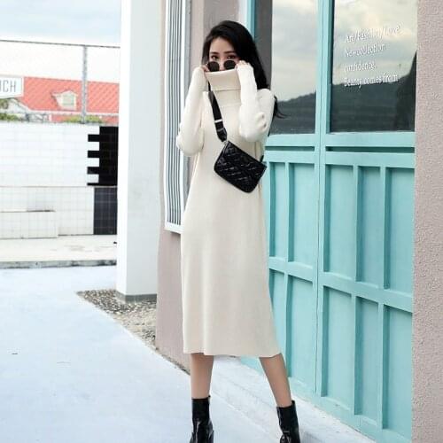 Autumn Winter Women Dress Basic Turtleneck Pullover Sweater Top Slim Fit Knitted Long Midi Dress Ribbed