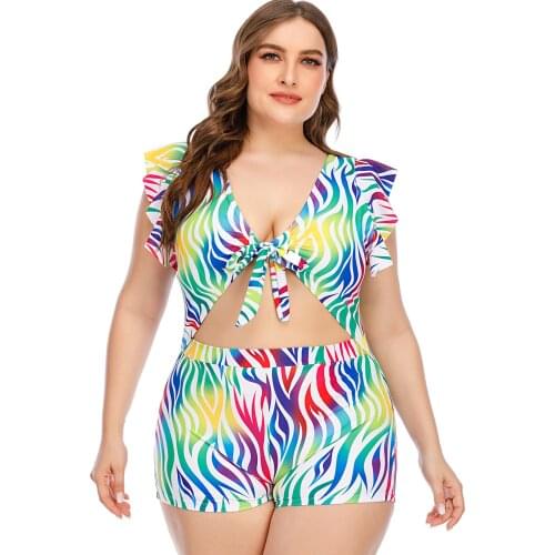 Sexy Tankini Women Plus Size Swimwear One Piece Tie Knot Ruffled Swimsuit Vintage High Waist Shorts Beach Suit Monokini Bodysuit