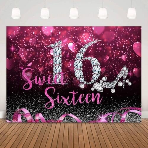 Pink Sweet Sixteen Birthday Backdrop for Party Decoration Bokeh Glitter Girl 16th Birthday Background Sliver Diamond High Heels