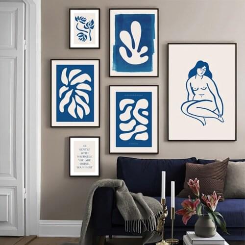 Blue Poster Wall Decor Painting Abstract Line Graphic Flower Art Prints Modern Dining Living Room Minimalist Canvas Pictures