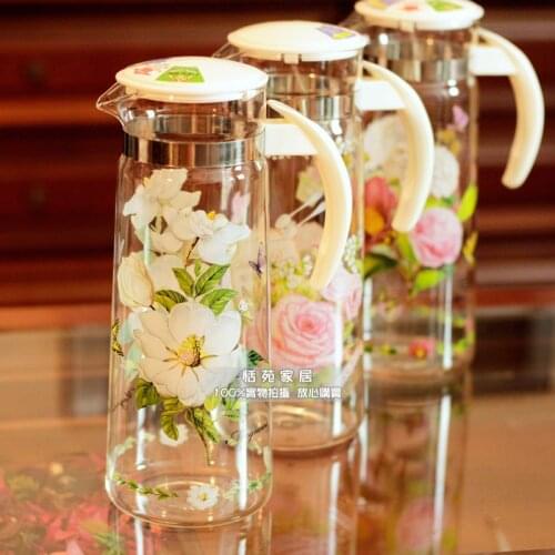 Heat Resistant Water Bottle Explosion-proof Glass Canisters 1.4L Large Capacity Cool Water Pot Bright Patterns Water Bottles