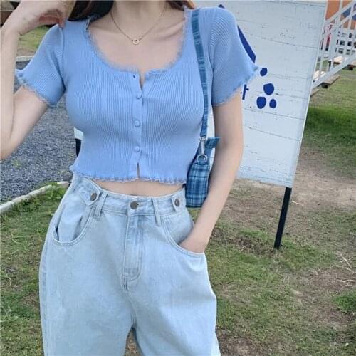 2021 Round neck ruffled short-sleeved T-shirt womens summer lace stitching button short top blue pink T-shirt top