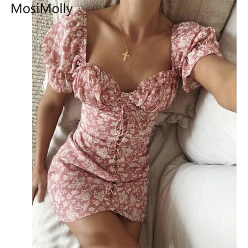 Floral Dress Women Lace Up Summer Dress Boho Beach Mini Dress 2021 Summer Day Dress Pink Floral