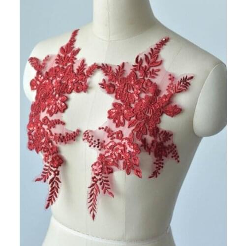 1 Pair/2 Pieces 36*23cm Burgundy Mirror Lace Applique Patch Diy Sequin Flower Embroidery Lace Fabric