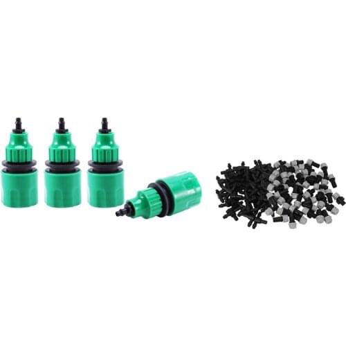 4 Pcs Garden Hose Pipe One Way Adapter & 100 Pcs Adjustable Atomization Dripper Atomization Connection Tee Joint