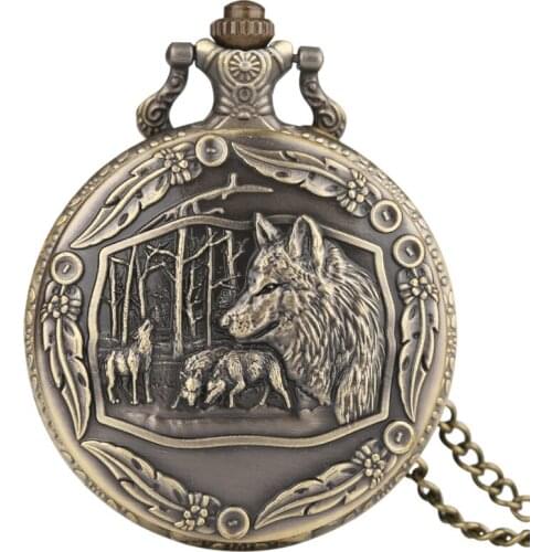 50pcs/lot Retro Cool Bronze Wolf Watch Men Quartz Pocket Watches with Chain New Arrival Fashion Pendant Gift Watch