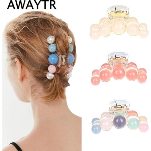 AWAYTR 2021 New Colorful Pearls Acrylic Hair Claw Clips Makeup Hair Styling Barrettes Hairpin for Women Hair Accessories