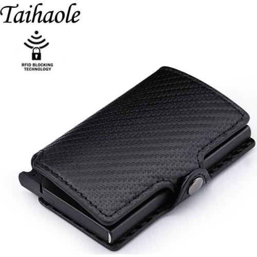 Taihaole Credit Card Holder 2020 New Aluminum Box Card Wallet RFID PU Leather Pop Up Card Case Magnet Carbon Fiber Coin Purse