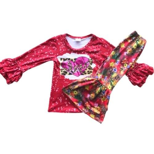 Valentines day hot childrens boutique clothing baby girl red love long sleeves with flower flared pants 2-piece suit20