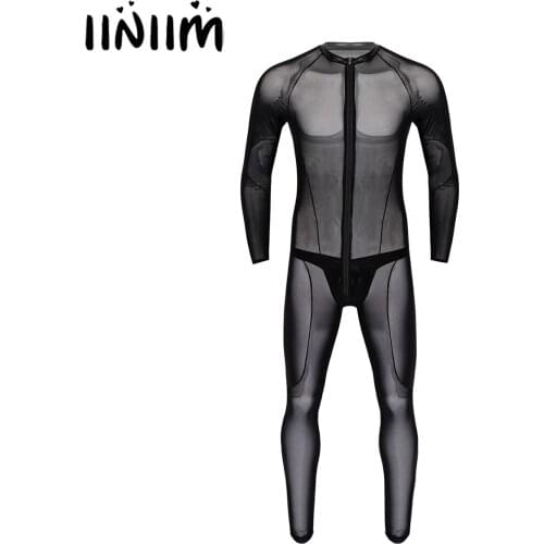 Mens Transparent Sheer Mesh Catsuit with Latex Thong Briefs Long Sleeves Bodystocking Lingerie Set Party Clubwear Leotard Romper
